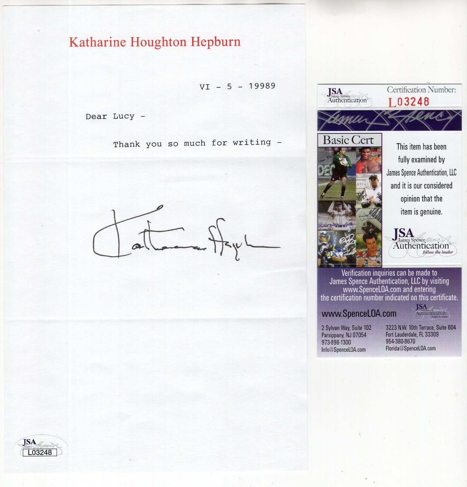 KATHARINE HEPBURN HAND SIGNED LETTER ON LETTERHEAD RARE DEAR LUCY JSA