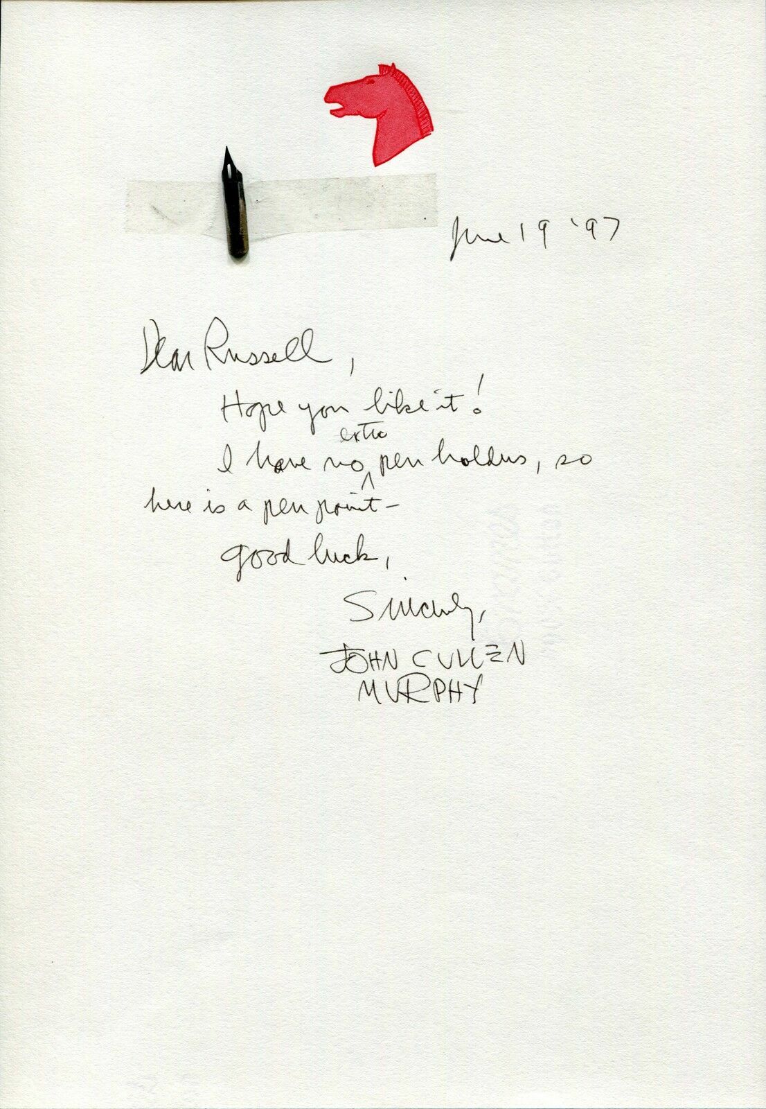 JOHN CULLEN MURPHY HAND SIGNED LETTER AND ACTUAL PEN TIP USED ON PRINCE VALIANT