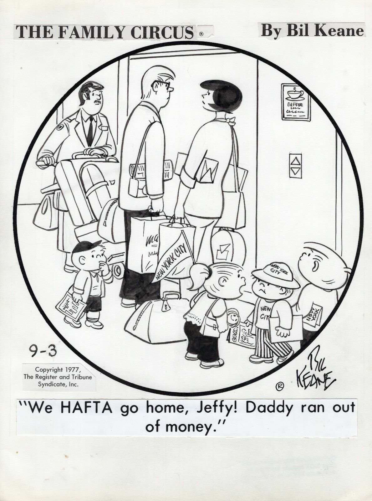 BIL KEANE SIGNED ORIGINAL ART DAILY 1977 NY CITY TRIP FAMILY CIRCUS