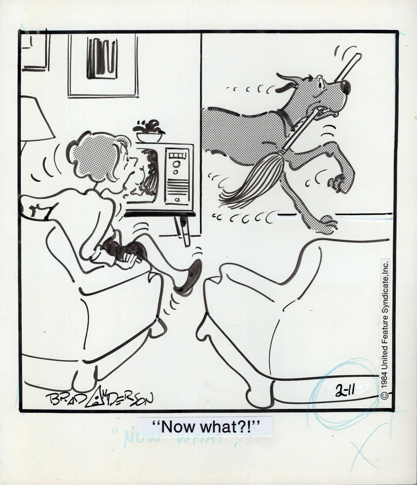 MARMADUKE ORIGINAL ART DAILY FROM 1984 BRAD ANDERSON MARMADUKE WITH BROOM