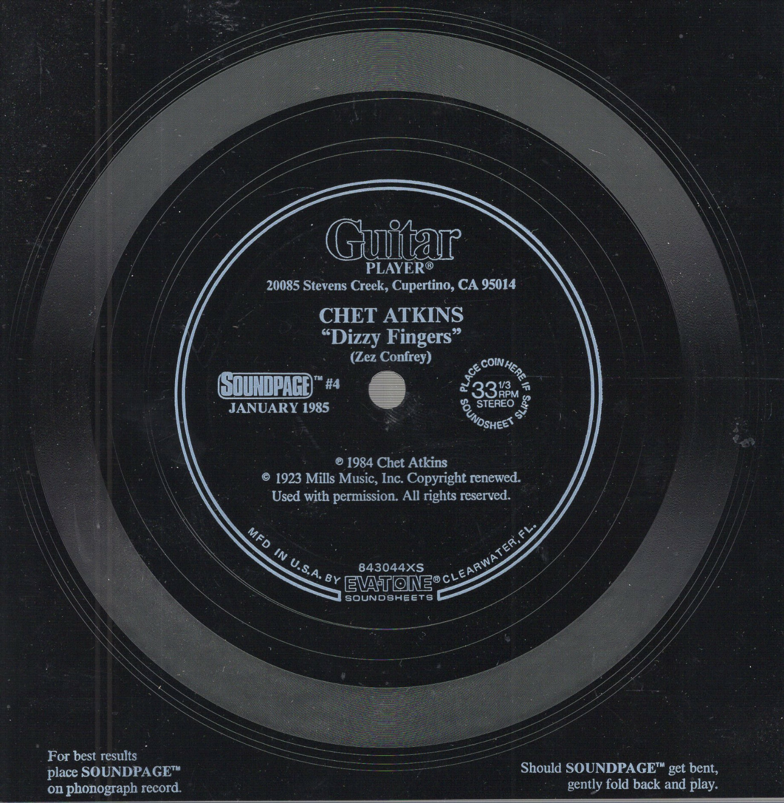 CHET ATKINS VINTAGE 45 RECORD FROM 1985 GUITAR PLAYER MAGAZINE DIZZY FINGERS