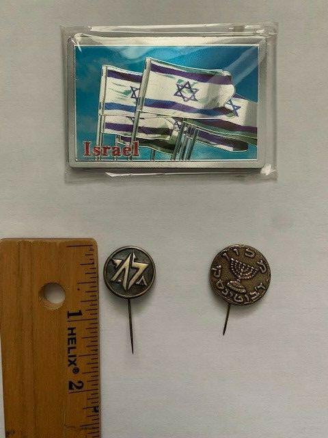 ISRAEL LOT OF 2 AMAZING VINTAGE PINS+ISRAEL FLAG MAGNET PURCHASED IN JERUSALEM