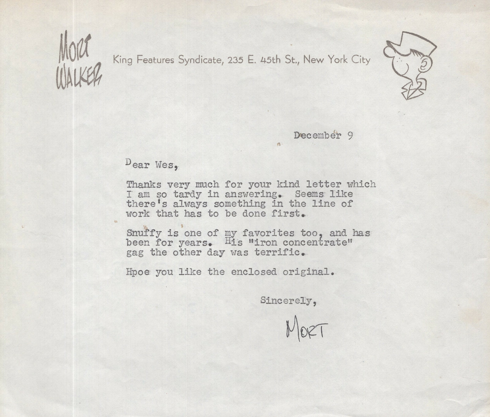 MORT WALKER HAND SIGNED LETTER FROM THE 1950's AWESOME+RARE BEETLE BAILEY