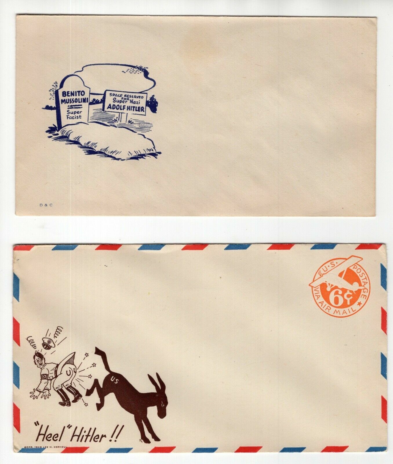 LOT OF 2 VINTAGE+RARE HEEL HITLER AND HITLER'S GRAVE ENVELOPES GREAT CONDITION