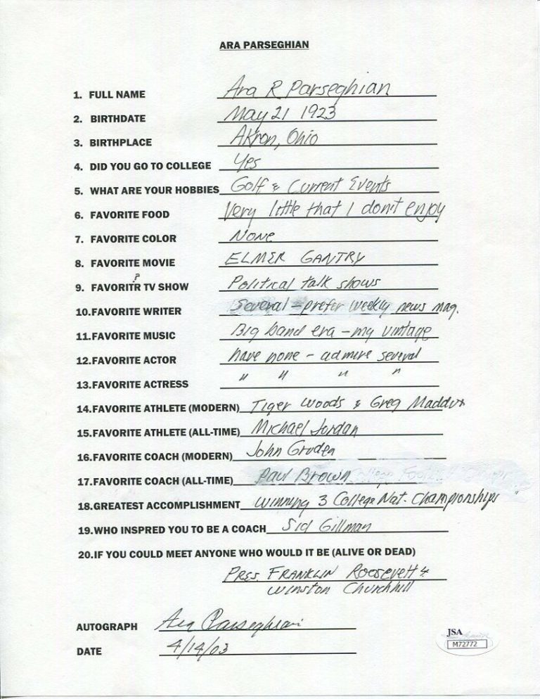 ARA PARSEGHIAN HAND SIGNED+FILLED OUT 20 QUESTIONS NOTRE DAME COACH JSA COLLECTIBLE MEMORABILIA