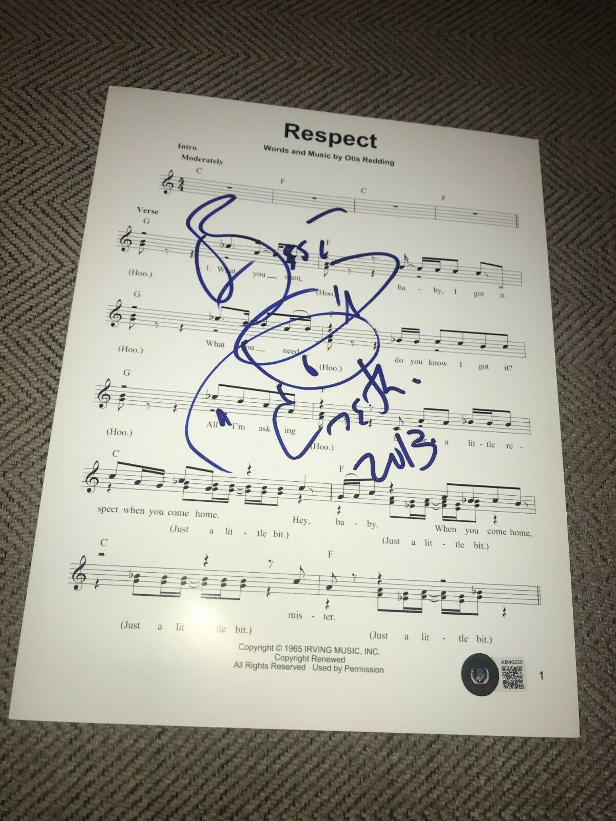 ARETHA FRANKLIN SIGNED AUTOGRAPH SHEET MUSIC RESPECT LEGEND ICON ...