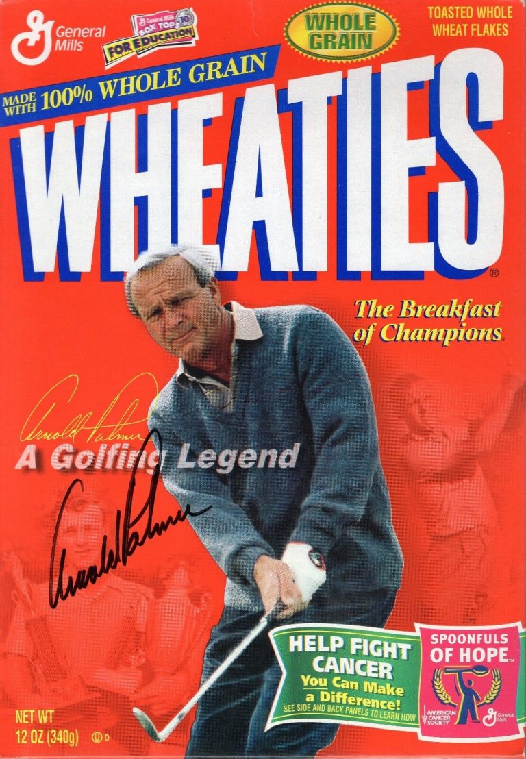 ARNOLD PALMER HAND SIGNED WHEATIES BOX NEVER OPENED VERY RARE JSA COLLECTIBLE MEMORABILIA