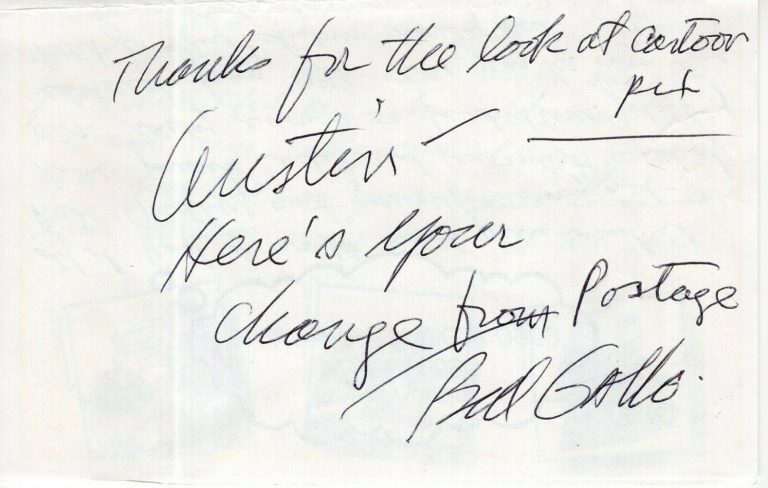 BILL GALLO HAND SIGNED HAND WRITTEN 3×5 NOTE+COA NY DAILY NEWS CARTOONIST COLLECTIBLE MEMORABILIA
