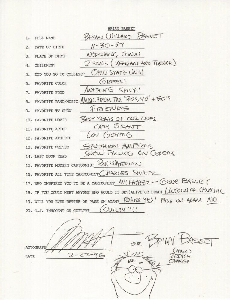 BRIAN BASSET HAND SIGNED+FILLED OUT 20 QUESTIONS+COA ADAM CARTOONIST COLLECTIBLE MEMORABILIA