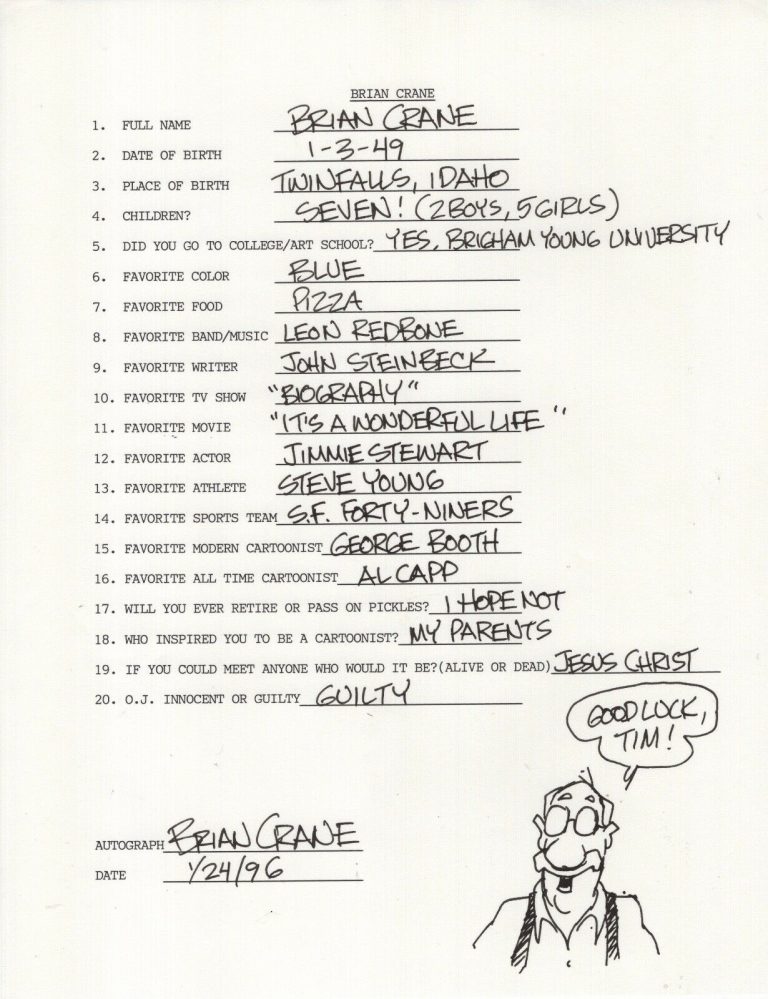 BRIAN CRANE HAND SIGNED+FILLED OUT 20 QUESTIONS+COA PICKLES CARTOONIST COLLECTIBLE MEMORABILIA