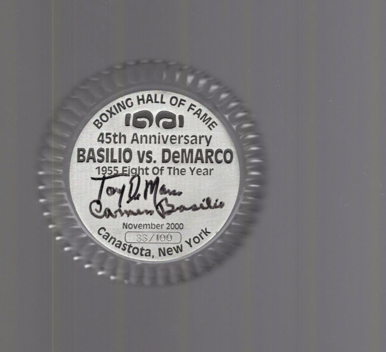 CARMEN BASILIO+DEMARCO HAND SIGNED BOXING HOF PAPERWEIGHT RARE 33/100 JSA COLLECTIBLE MEMORABILIA
