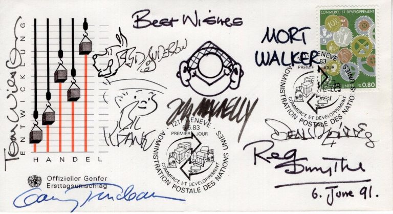 CARTOONIST LEGENDS HAND SIGNED FIRST DAY COVER+COA SIGNED BY 8+SKETCHES COLLECTIBLE MEMORABILIA