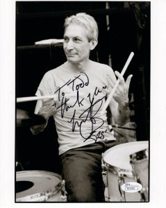 CHARLIE WATTS HAND SIGNED 8×10 PHOTO ROLLING STONES DRUMMER TO TODD JSA COLLECTIBLE MEMORABILIA