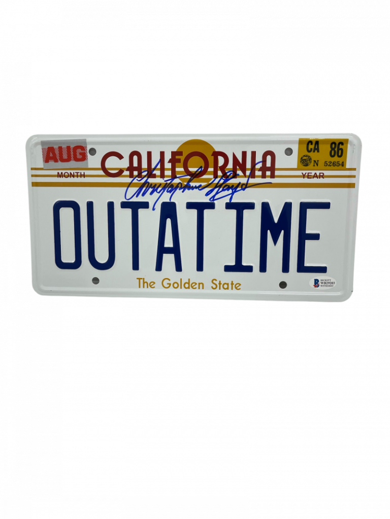 CHRISTOPHER LLOYD SIGNED BACK TO THE FUTURE OUTATIME LICENSE PLATE AUTO BAS 39 COLLECTIBLE MEMORABILIA