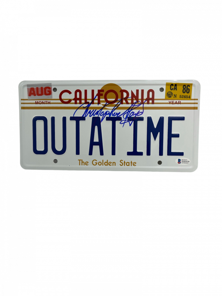 CHRISTOPHER LLOYD SIGNED BACK TO THE FUTURE OUTATIME LICENSE PLATE AUTO BAS 48 COLLECTIBLE MEMORABILIA