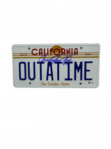 CHRISTOPHER LLOYD SIGNED BACK TO THE FUTURE OUTATIME LICENSE PLATE AUTO BAS 52 COLLECTIBLE MEMORABILIA