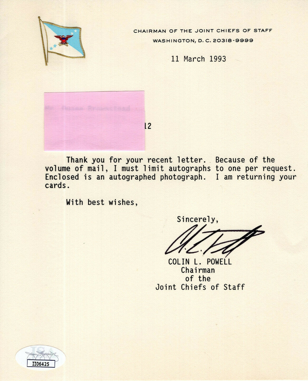 COLIN POWELL HAND SIGNED 6x7 LETTER CHIEFS OF STAFF LETTERHEAD JSA
