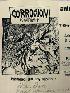 CORROSION OF CONFORMITY VINTAGE NEWSLETTER 1985+ENVELOPE RARE PUSHEAD ART COLLECTIBLE MEMORABILIA