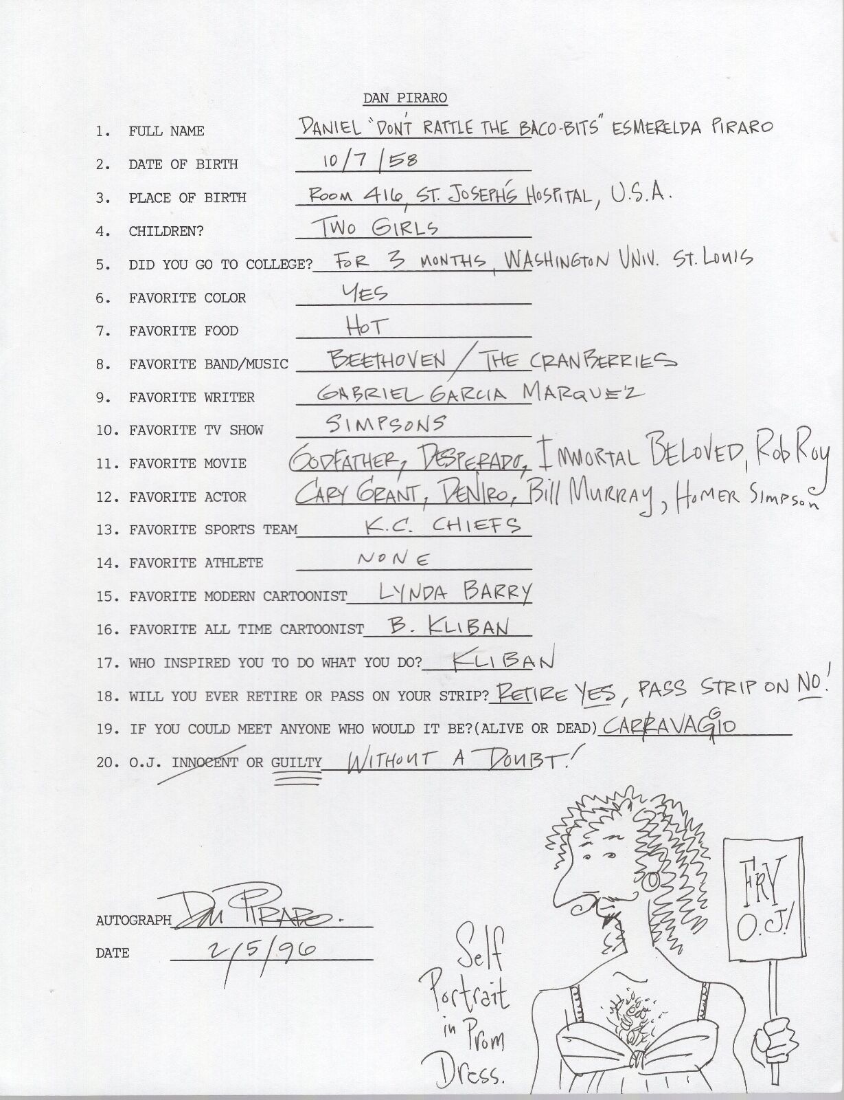 DAN PIRARO HAND SIGNED+FILLED OUT 20 QUESTIONS+COA CARTOONIST FOR BIZARRO