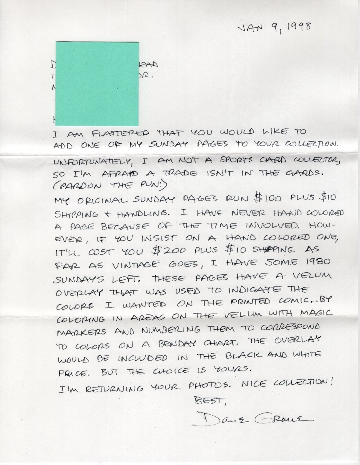 DAVE GRAUE HAND SIGNED 8x11 LETTER+COA GREAT ALLEY OOP CARTOONIST