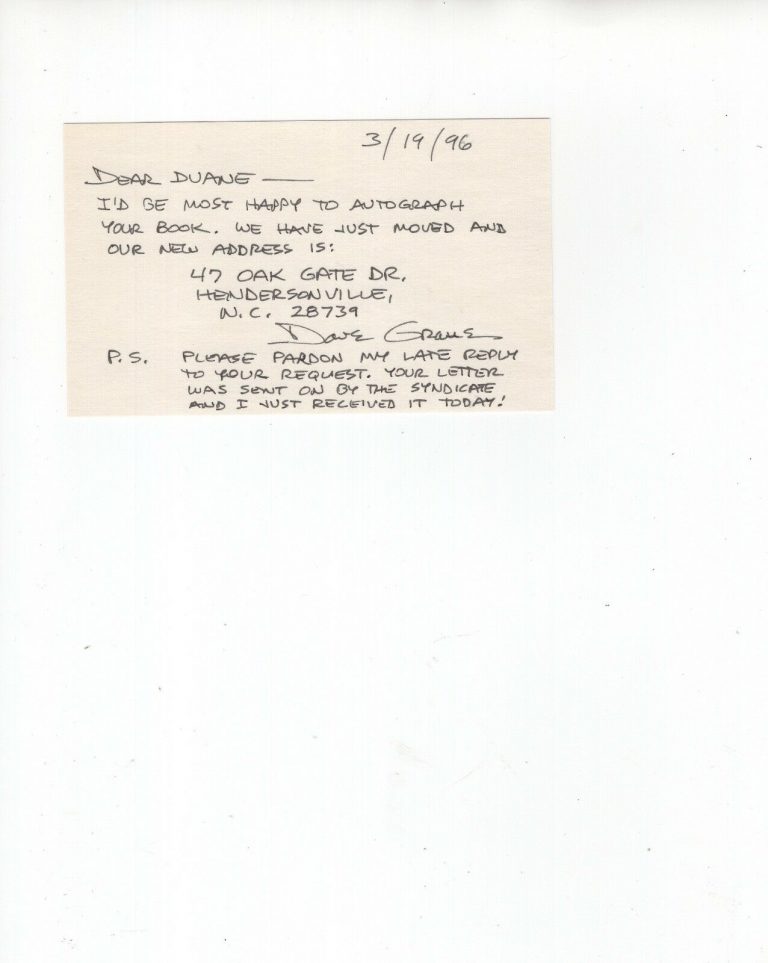 DAVE GRAUE HAND WRITTEN+SIGNED 3×5 CARD+COA ALLEY OOP CARTOONIST COLLECTIBLE MEMORABILIA