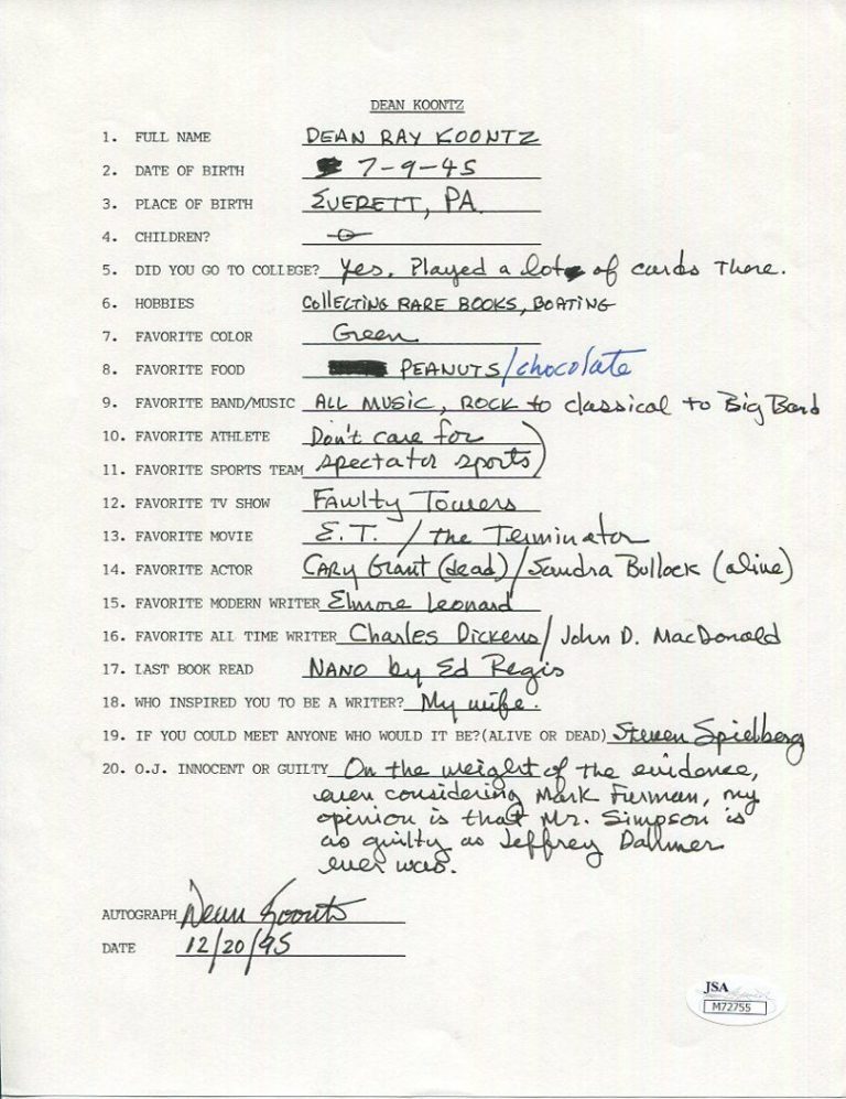 DEAN KOONTZ HAND SIGNED+FILLED OUT 20 QUESTIONS GREAT WRITER JSA COLLECTIBLE MEMORABILIA