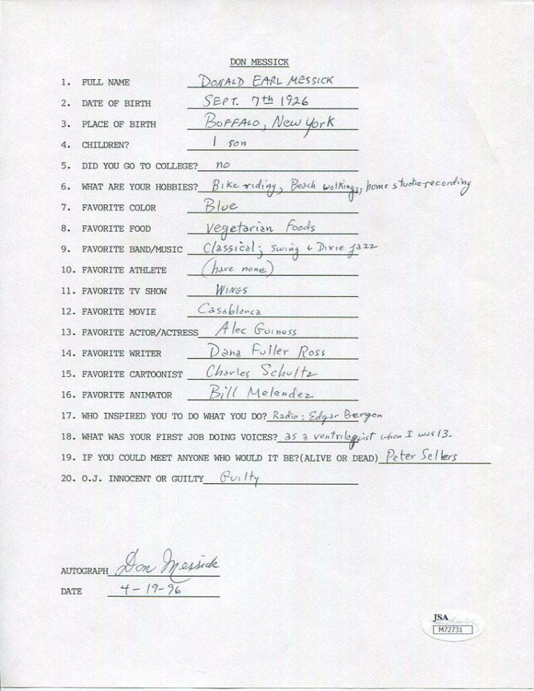 DON MESSICK HAND SIGNED+FILLED OUT 20 QUESTIONS HANNA-BARBERA VOICES JSA COLLECTIBLE MEMORABILIA
