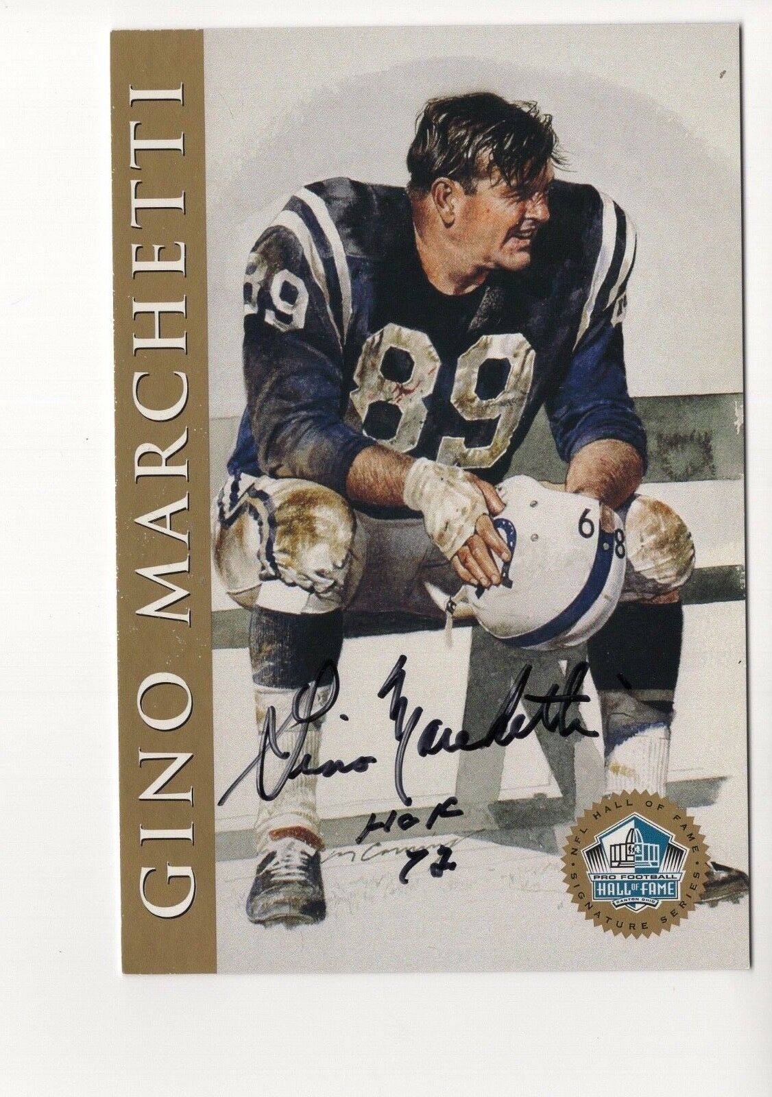 GINO MARCHETTI HAND SIGNED 4x6 HALL OF FAME CARD+COA BALTIMORE COLTS HOF