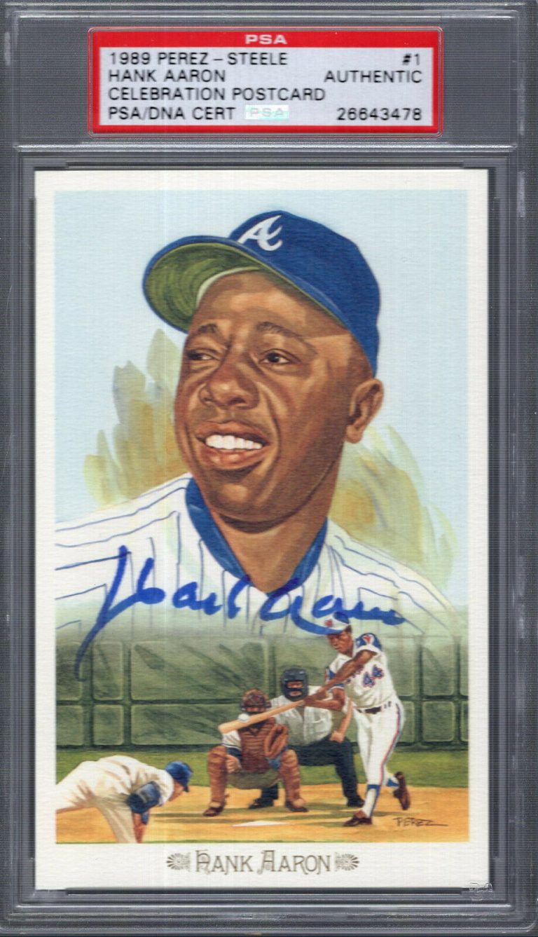 HANK AARON HAND SIGNED HALL OF FAME CELEBRATION PEREZ STEELE CARD PSA SLABBED COLLECTIBLE MEMORABILIA