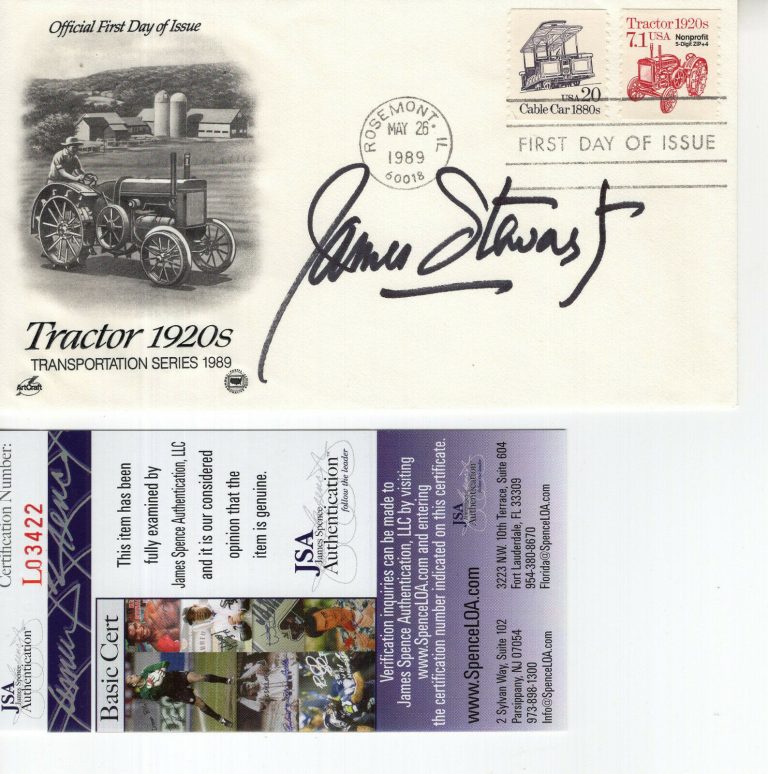 JAMES STEWART HAND SIGNED 1920S TRACTOR FIRST DAY COVER 1989 RARE JSA COLLECTIBLE MEMORABILIA