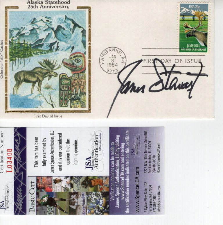 JAMES STEWART HAND SIGNED ALASKA STATEHOOD SILK FDC 1984 VERY RARE JSA COLLECTIBLE MEMORABILIA