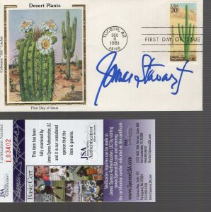 JAMES STEWART HAND SIGNED DESERT PLANTS SILK FDC 1981 AWESOME+RARE JSA COLLECTIBLE MEMORABILIA
