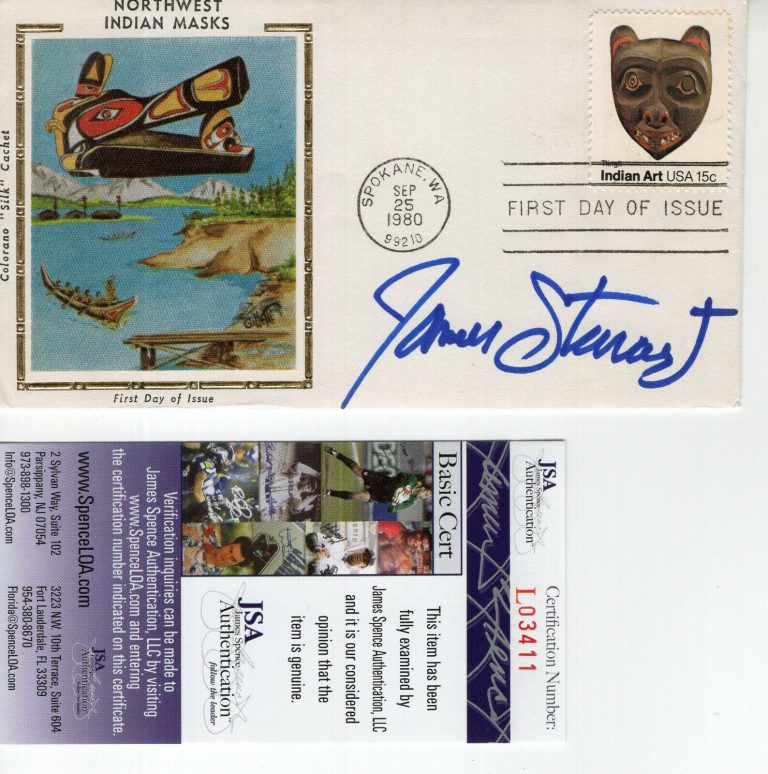 JAMES STEWART HAND SIGNED INDIAN MASKS SILK FDC 1980 AWESOME+RARE JSA COLLECTIBLE MEMORABILIA