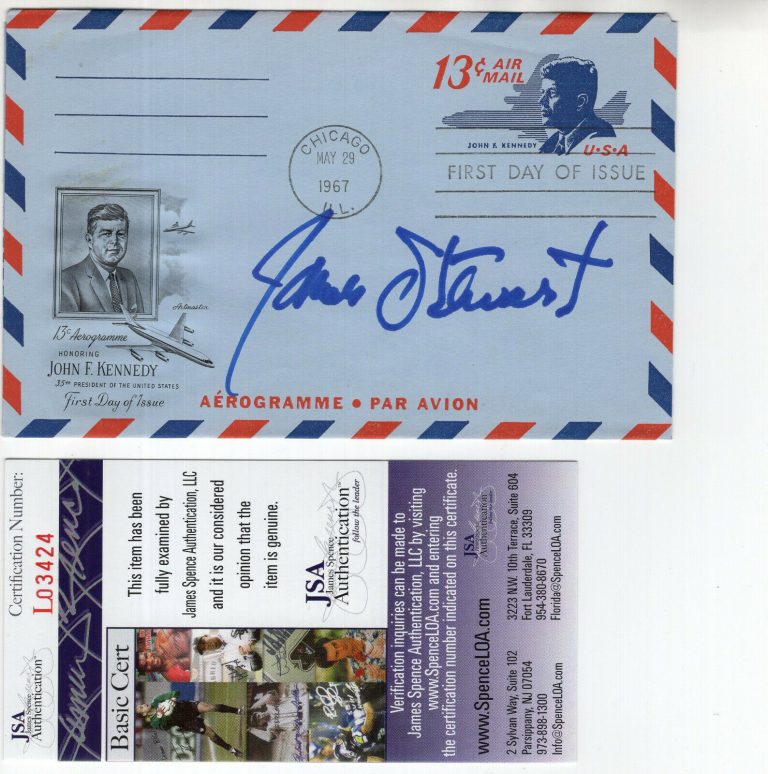 JAMES STEWART HAND SIGNED JOHN F KENNEDY JFK FIRST DAY COVER 1967 RARE JSA COLLECTIBLE MEMORABILIA