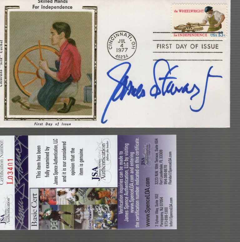 JAMES STEWART HAND SIGNED SKILLED HANDS COLOR SILK FDC 1977 RARE JSA COLLECTIBLE MEMORABILIA