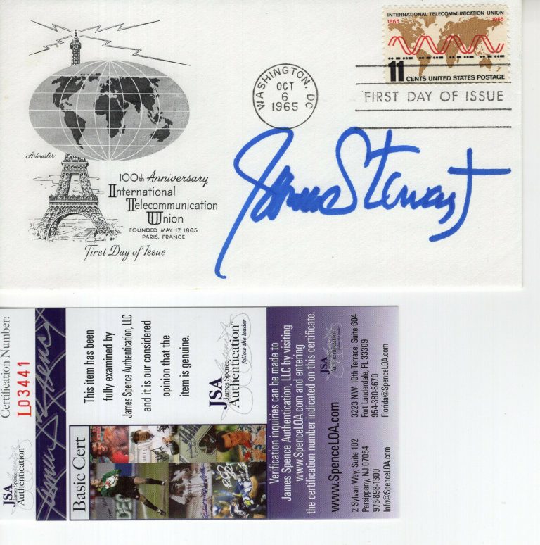 JAMES STEWART HAND SIGNED TELECOMMUNICATION FDC FROM 1965 VINTAGE+RARE JSA COLLECTIBLE MEMORABILIA