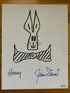 JAMES STEWART SIGNED 14×18 CANVAS WITH ORIGINAL ART HARVEY RABBIT RARE PSA COLLECTIBLE MEMORABILIA