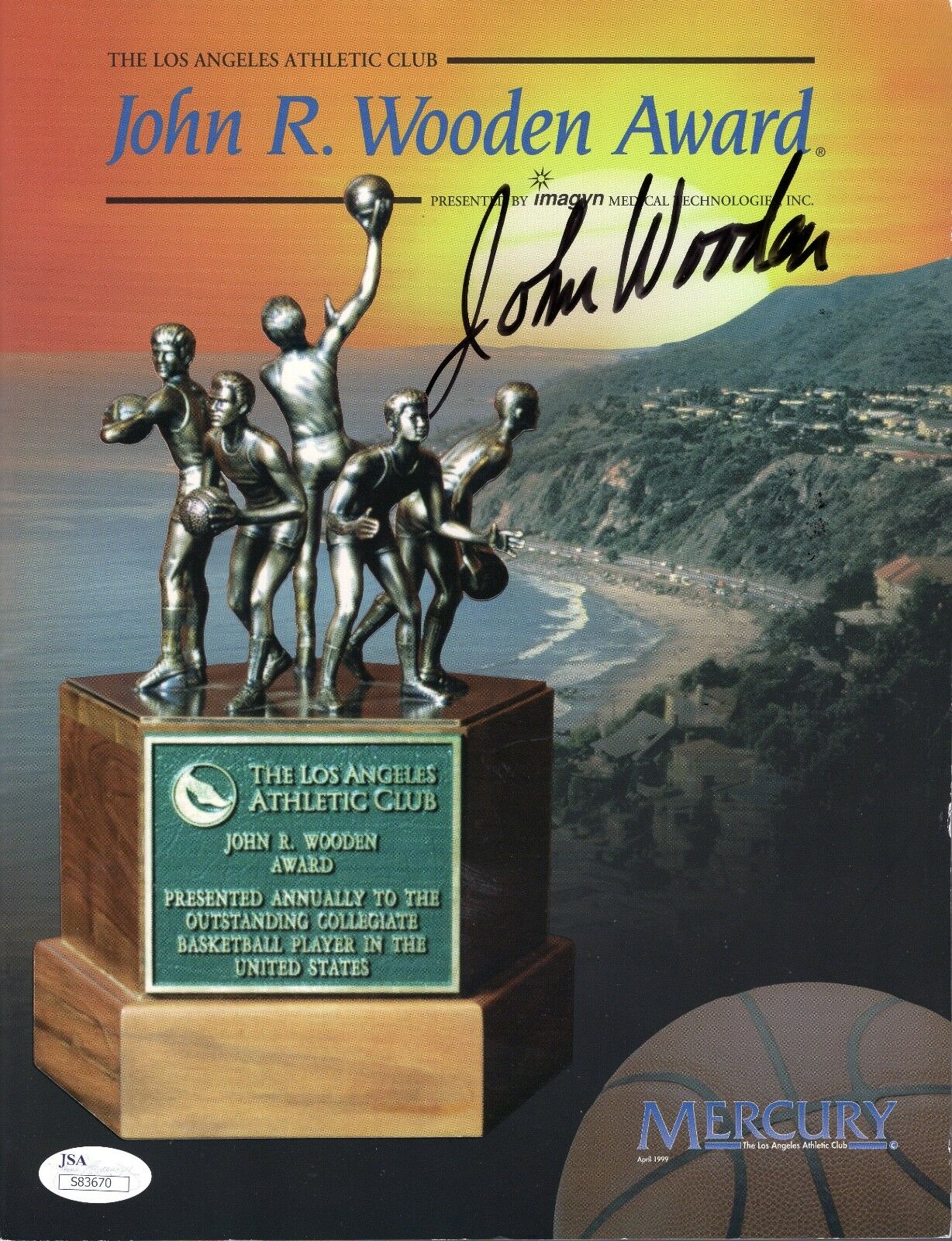 JOHN WOODEN HAND SIGNED 1999 WOODEN AWARD PROGRAM UCLA COACH RARE JSA