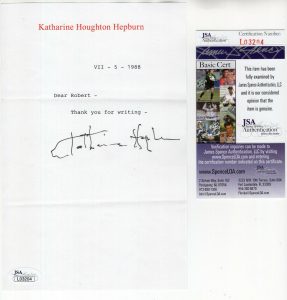 KATHARINE HEPBURN HAND SIGNED LETTER ON LETTERHEAD 1988 DEAR ROBERT JSA COLLECTIBLE MEMORABILIA