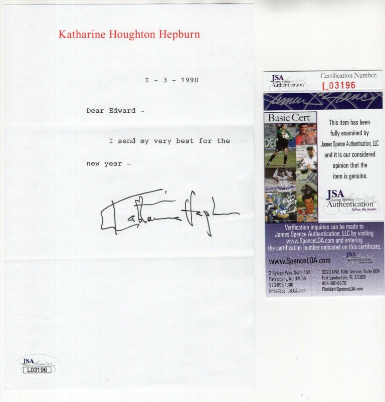 KATHARINE HEPBURN HAND SIGNED LETTER ON LETTERHEAD 1990 DEAR EDWARD JSA COLLECTIBLE MEMORABILIA