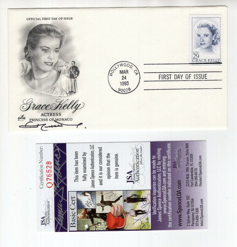 KING HUSSEIN HAND SIGNED 1993 GRACE KELLY FIRST DAY COVER KING OF JORDAN JSA COLLECTIBLE MEMORABILIA