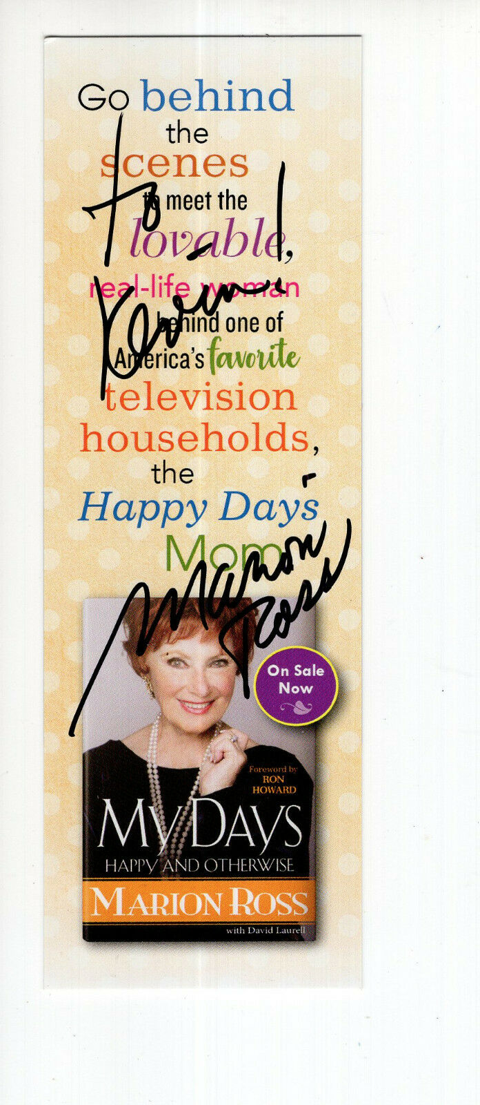 MARION ROSS HAND SIGNED 2x6 BOOKMARK+COA MOM FROM HAPPY DAYS TO KEVIN