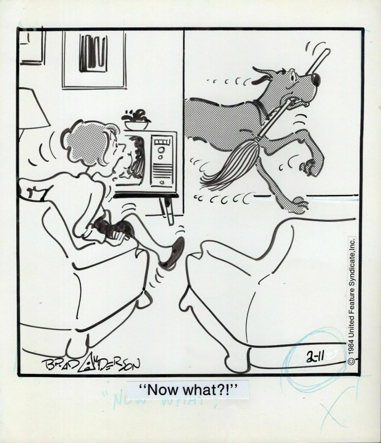 MARMADUKE ORIGINAL ART DAILY FROM 1984 BRAD ANDERSON MARMADUKE WITH BROOM COLLECTIBLE MEMORABILIA