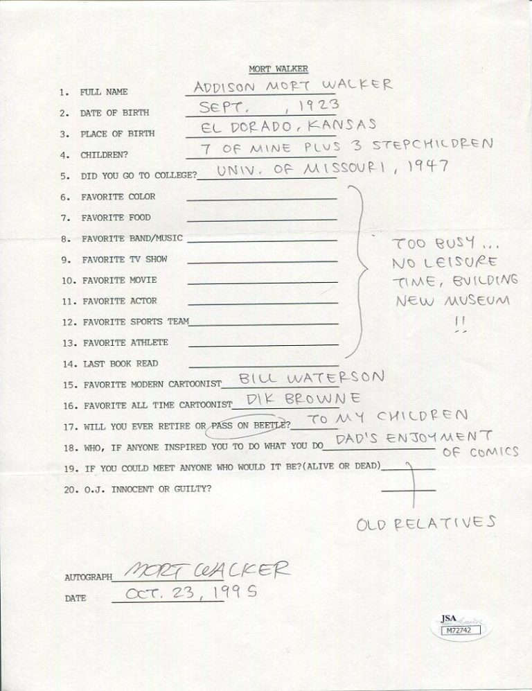 MORT WALKER HAND SIGNED+FILLED OUT 20 QUESTIONS BEETLE BAILEY JSA COLLECTIBLE MEMORABILIA