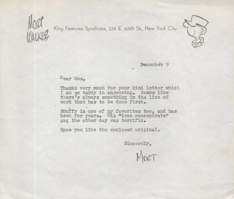 MORT WALKER HAND SIGNED LETTER FROM THE 1950’S AWESOME+RARE BEETLE BAILEY COLLECTIBLE MEMORABILIA