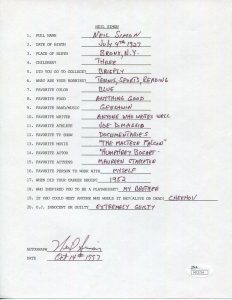 NEIL SIMON HAND SIGNED+FILLED OUT 20 QUESTIONS THE ODD COUPLE JSA COLLECTIBLE MEMORABILIA