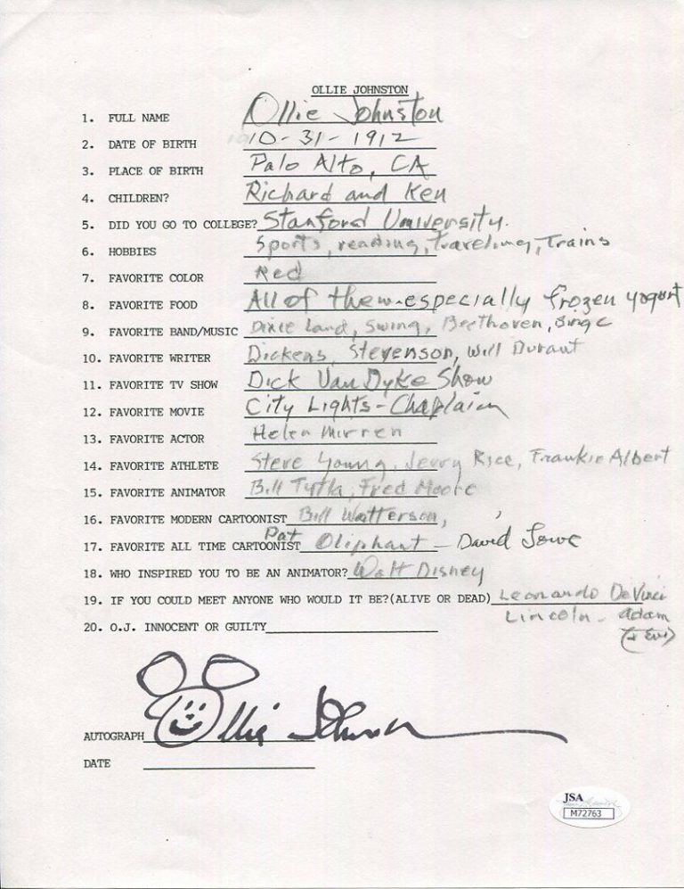 OLLIE JOHNSTON HAND SIGNED+FILLED OUT 20 QUESTIONS GREAT DISNEY ARTIST COLLECTIBLE MEMORABILIA