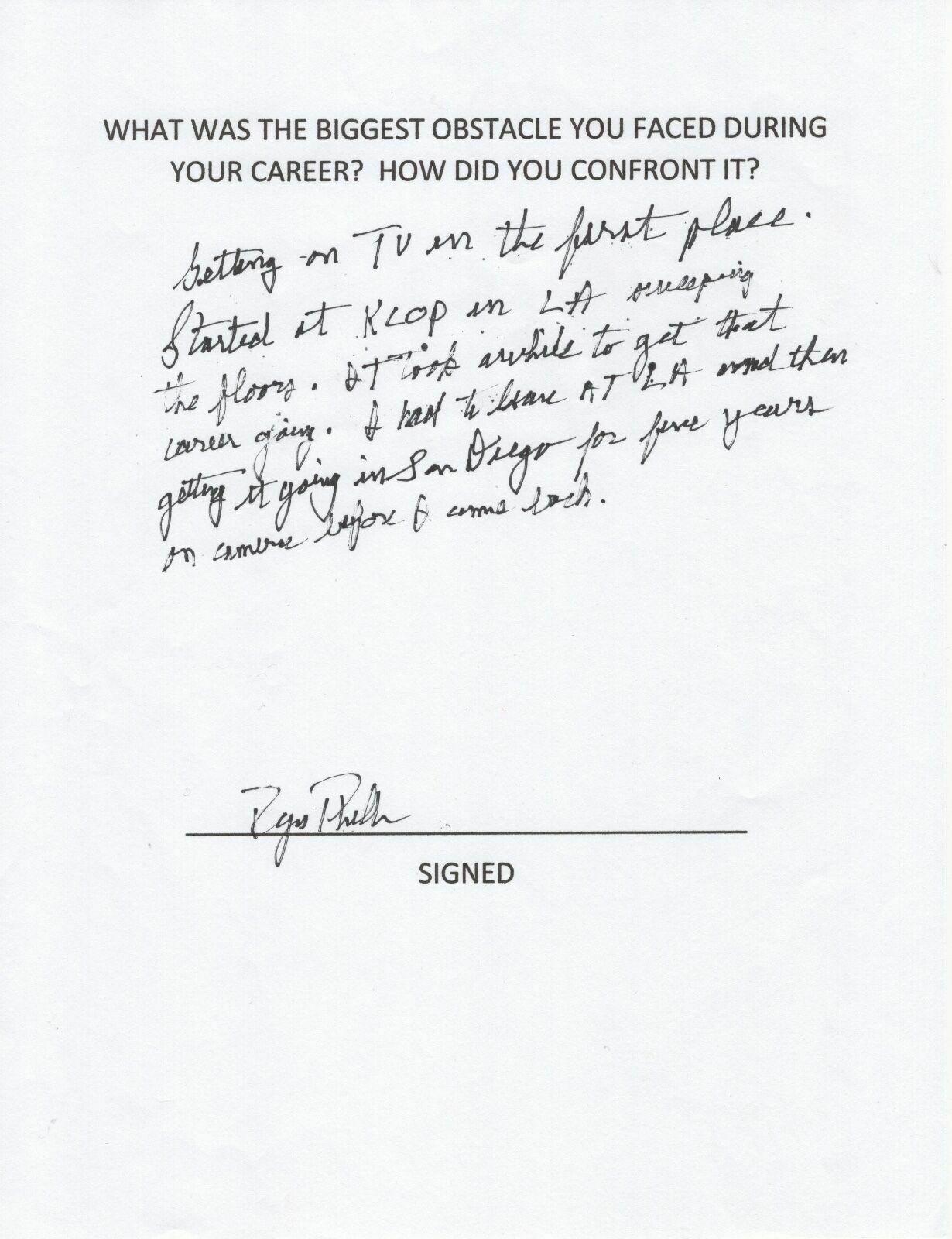 REGIS PHILBIN HAND SIGNED 8x11 ANSWER ABOUT BIGGEST CAREER OBSTACLE+COA RARE