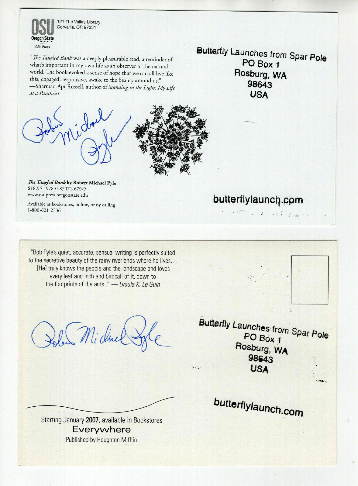 ROBERT MICHAEL PYLE LOT OF 2 HAND SIGNED POSTCARDS+COA AWESOME WRITER