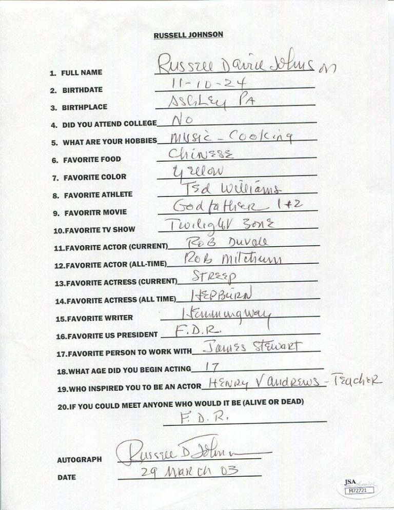 RUSSELL JOHNSON HAND SIGNED+FILLED OUT 20 QUESTIONS GILLIGAN’S ISLAND JSA COLLECTIBLE MEMORABILIA